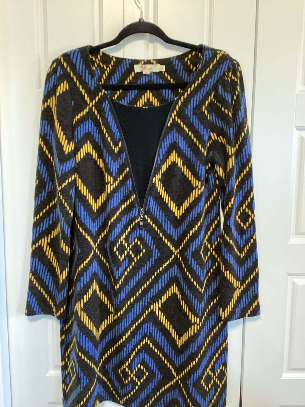 Aryeh Dress Size L Geometric Blue Yellow Black Full Zip Long Sleeve